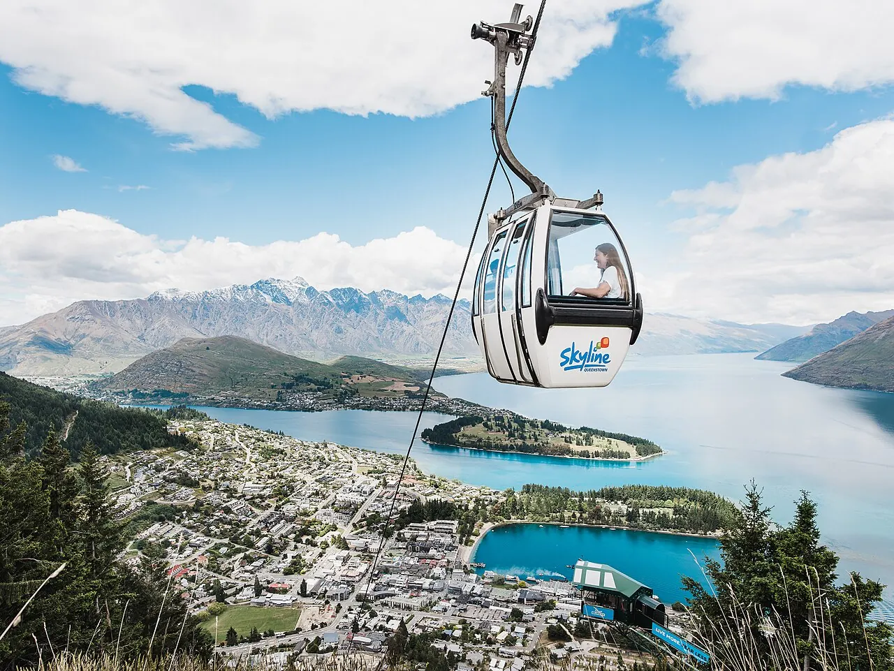 A Skyline gondola cabin above Queenstown and Lake Wakatipu